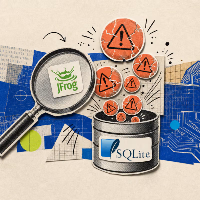 A magnifying glass with a JFrog logo sticker examines several red, bursting warning-label bubbles rising from a cylindrical database container labeled SQLite.