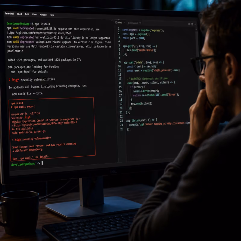 Monitor with an npm terminal and a red security warning next to suspicious code – symbolic image of a supply-chain attack.