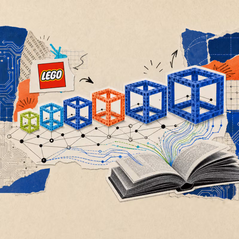 Six open building blocks of different sizes are connected by a network of lines, next to an open book from which data lines flow out.