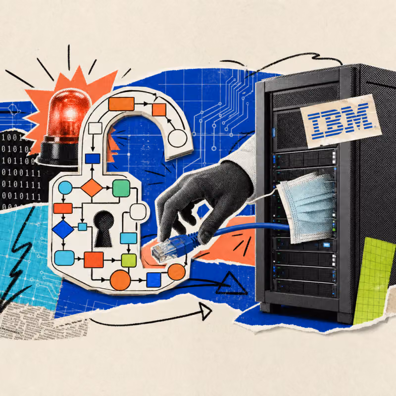 A masked hand reaches through an open padlock shaped like flowchart nodes towards a network cable in front of a server cabinet with IBM logo stickers and a red warning light