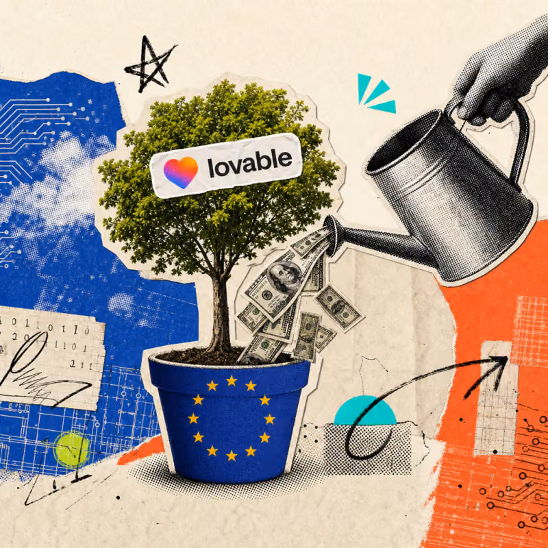 A tree with a Lovable logo sticker on its crown grows from a flowerpot decorated with EU stars, while a watering can pours dollar bills over it.