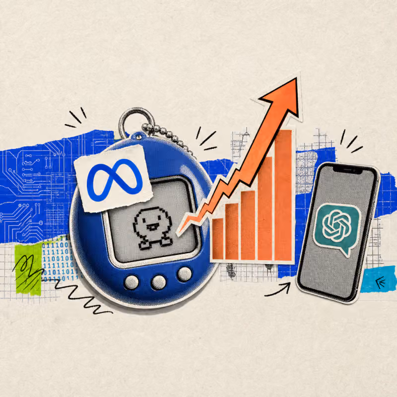 A Meta logo sticker is on a small Tamagotchi-like handheld device with a smiling avatar on the screen, next to a smaller smartphone with a ChatGPT speech bubble and a bar chart arrow growing upwards from the handheld device.