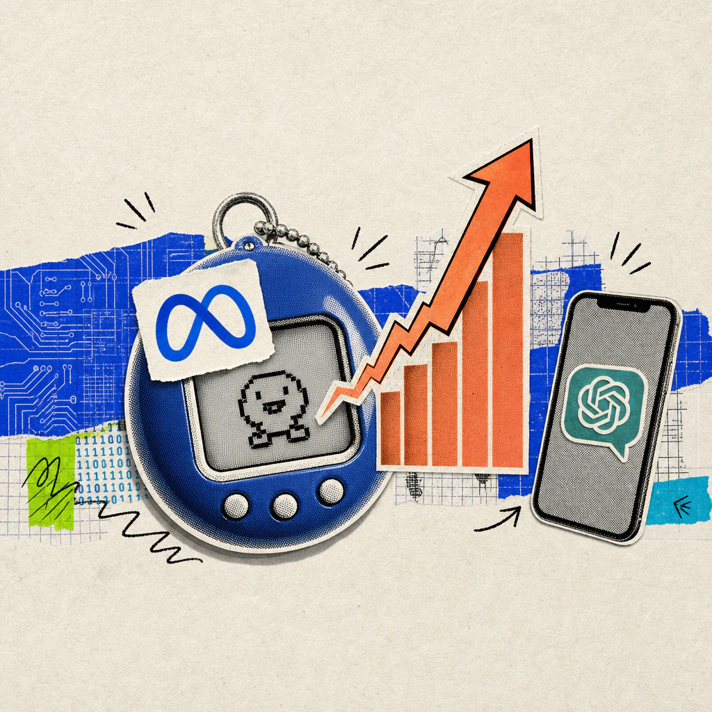 A Meta logo sticker is on a small Tamagotchi-like handheld device with a smiling avatar on the screen, next to a smaller smartphone with a ChatGPT speech bubble and a bar chart arrow growing upwards from the handheld device.