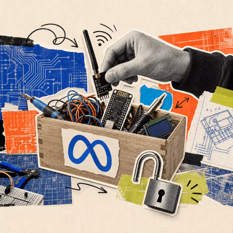 A hand plugs a small Wi-Fi antenna into an open wooden box full of cables and mini displays on a workbench; a Meta logo sticker is attached to the box, with an open padlock lying in front of it.