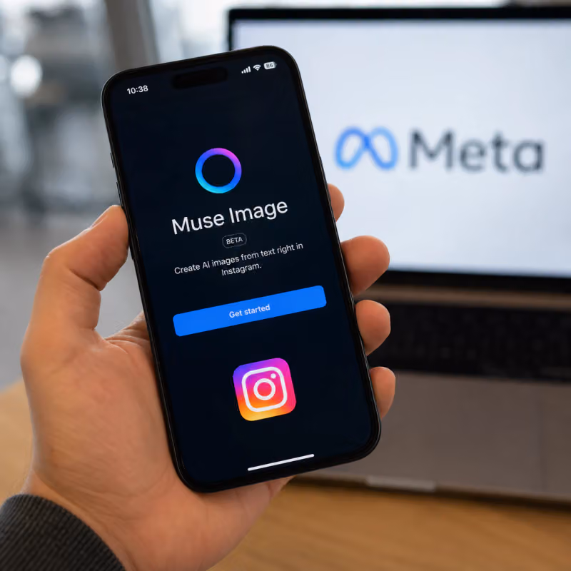 Smartphone screen shows the Instagram app with Meta's AI image generator Muse Image.