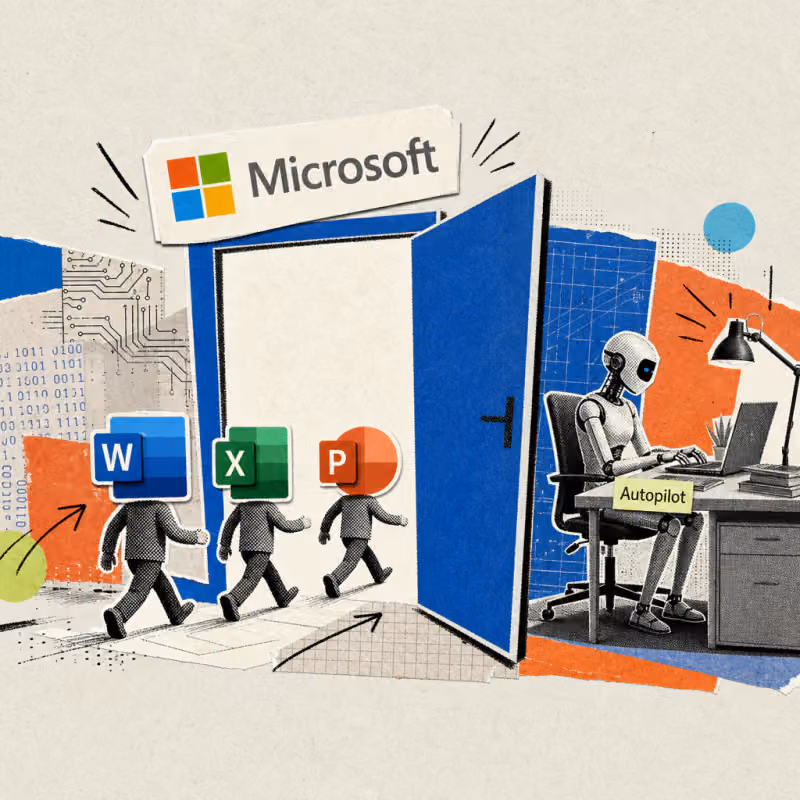 The Microsoft logo sits above an open door through which symbolic figures for Word, Excel, and PowerPoint walk in, while in the background a robot figure with a name tag reading “Autopilot” keeps working alone at a desk.