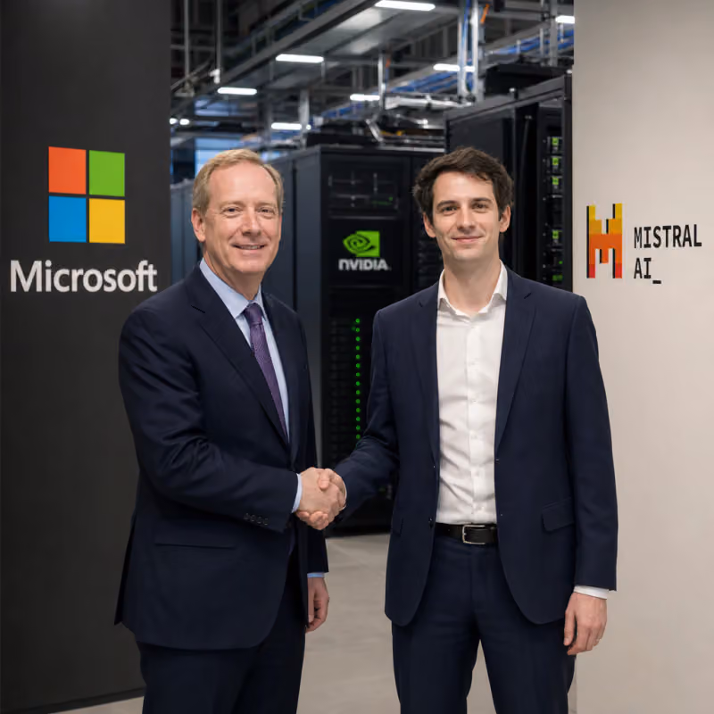 Microsoft Vice President Brad Smith and Mistral CEO Arthur Mensch seal the expanded AI partnership in front of a European data center