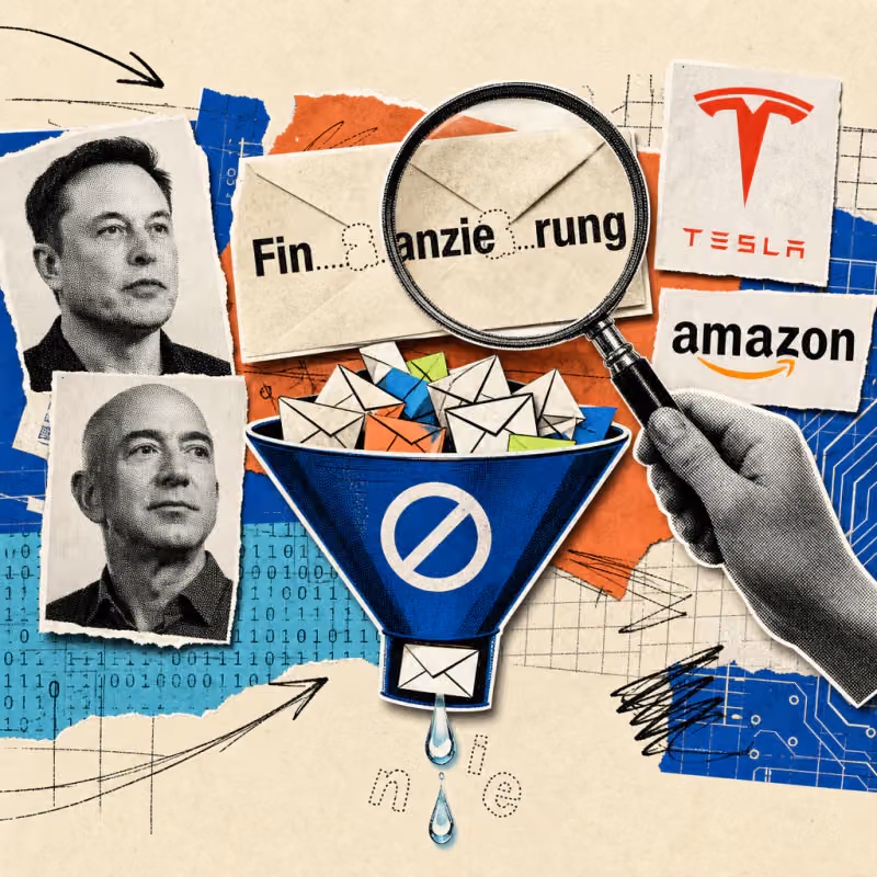 A magnifying glass reveals invisible gaps in the word 'financing' as email symbols slide through a spam filter funnel.