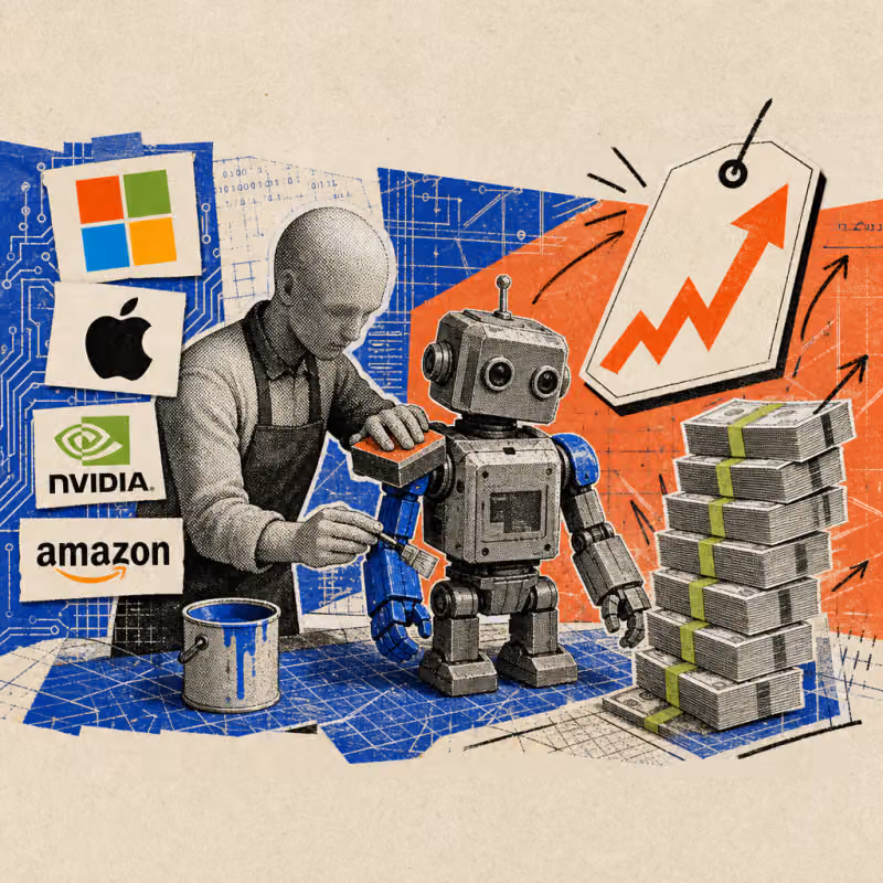 A figure polishes a pre-built robot kit at a workbench, while next to it, a stack of banknotes grows with a steep upward arrow.