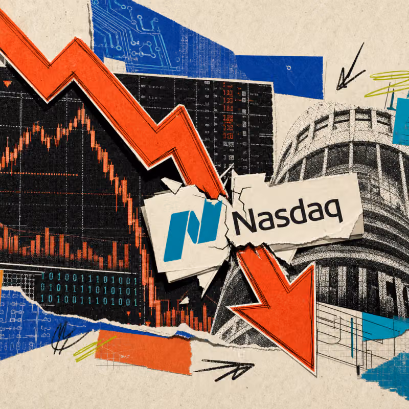 A falling red stock arrow breaks through a Nasdaq logo sticker, with flickering stock chart graphics flashing on a display board in the background