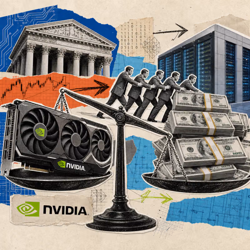 An oversized graphics card with a visible Nvidia logo lies on a scale as collateral, while stylized Wall Street columns push stacks of dollar bills towards a data center in the background.