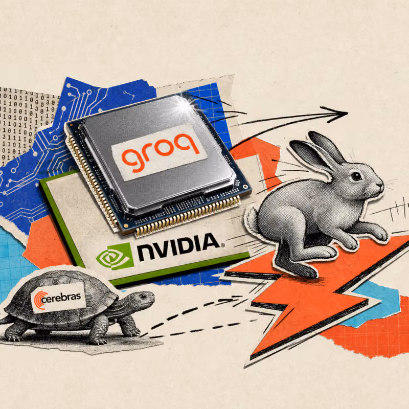 A microchip with a Groq logo sticker sits on an Nvidia logo plaque, while a hare with a lightning-bolt symbol races past a slower tortoise wearing a Cerebras sticker