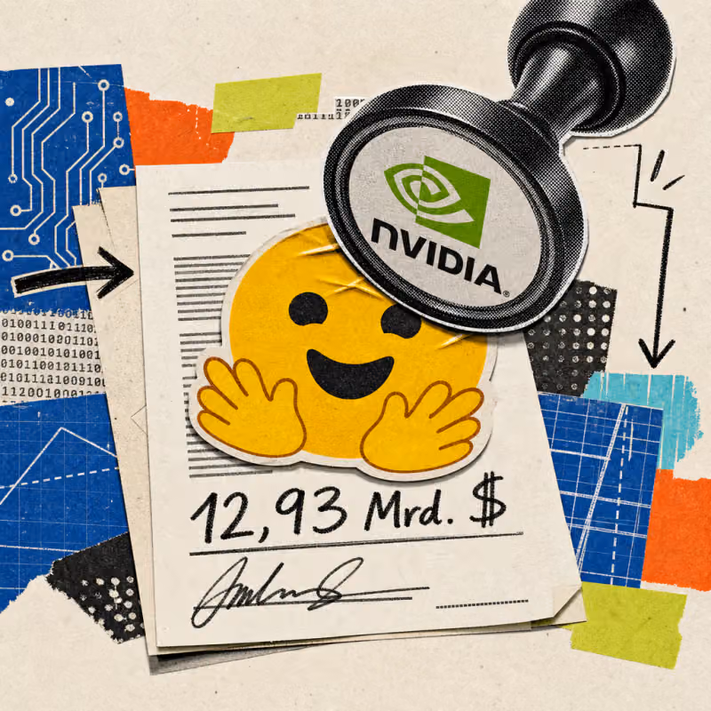 An Nvidia logo sticker presses down like a seal onto an oversized Hugging Face smiley sitting on a signed contract showing the figure $12.93 billion.
