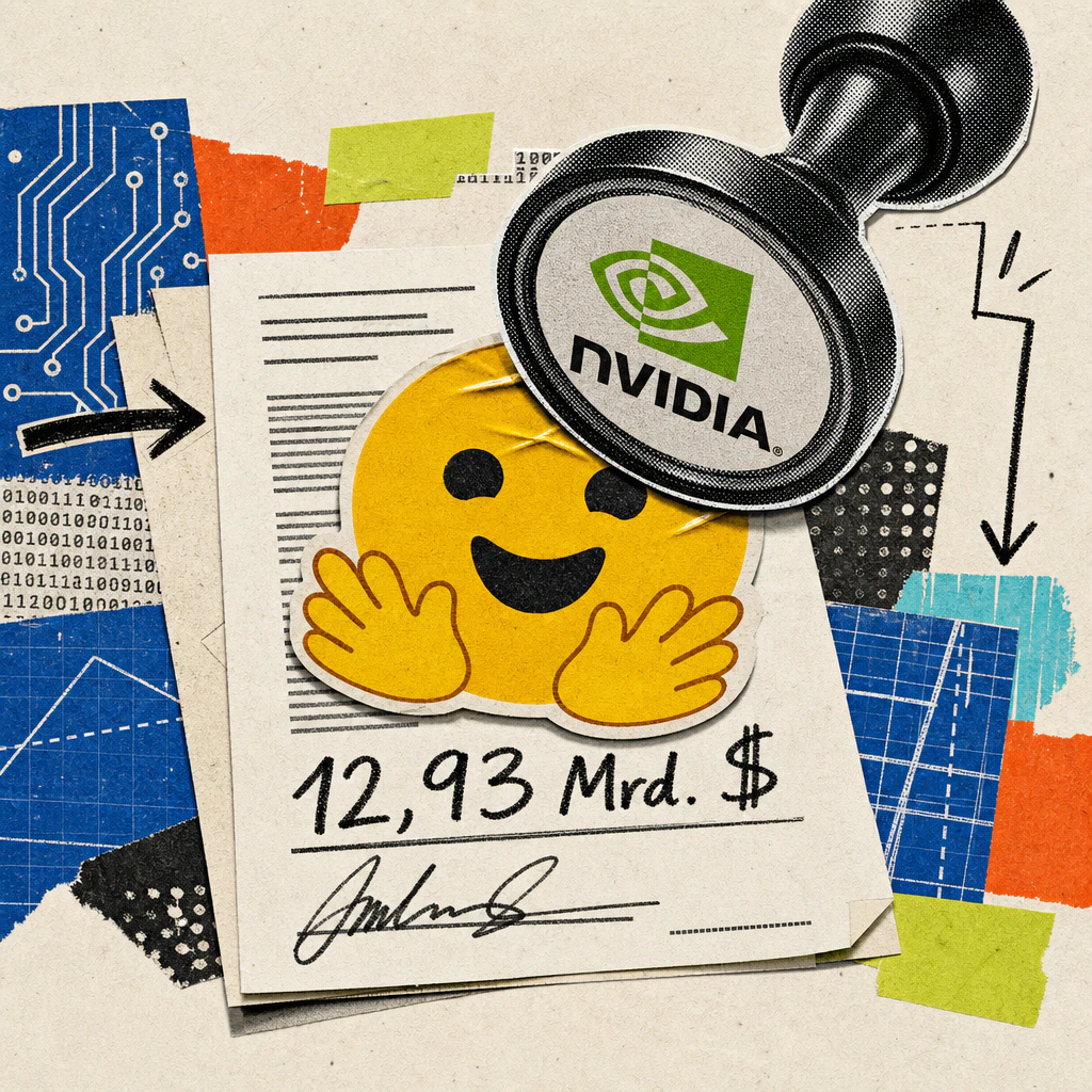 An Nvidia logo sticker presses down like a seal onto an oversized Hugging Face smiley sitting on a signed contract showing the figure $12.93 billion.