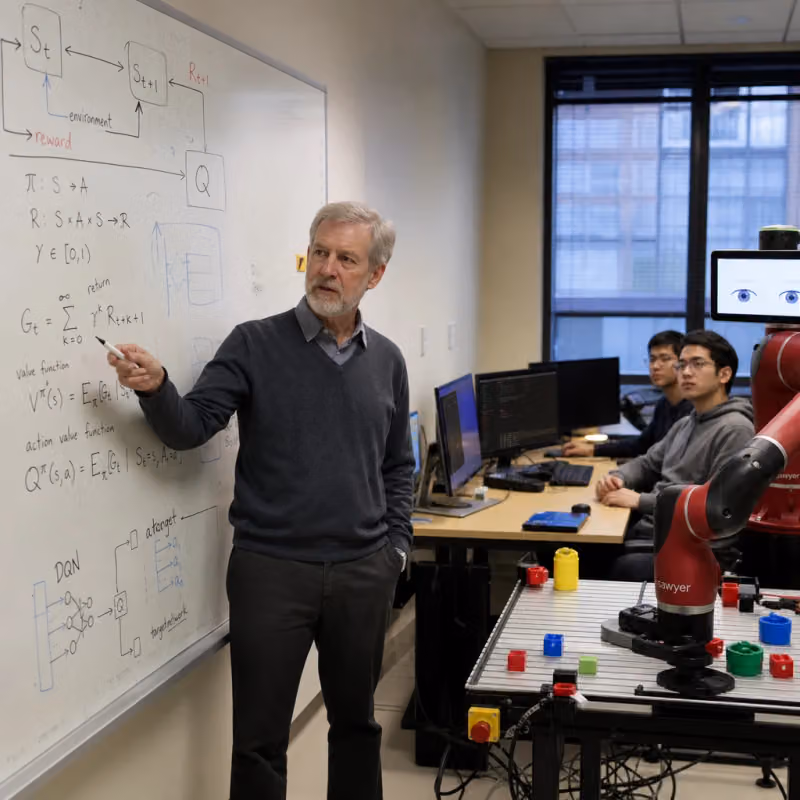 Richard Sutton at a whiteboard covered in reinforcement-learning diagrams, a robot-arm experiment beside him.