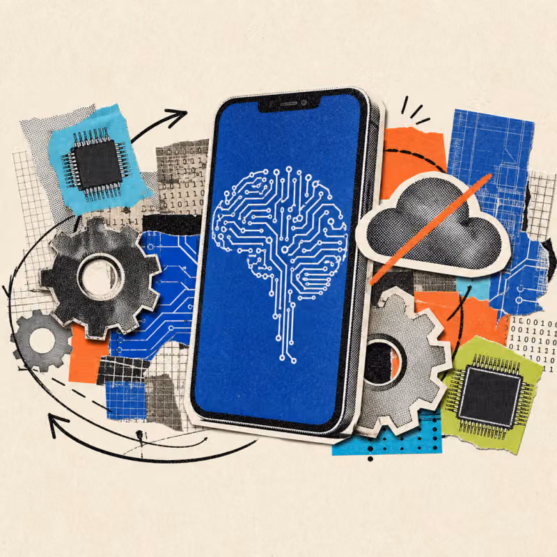 A large smartphone displaying a brain made of circuit traces, next to a crossed-out cloud, surrounded by gears and computer chips