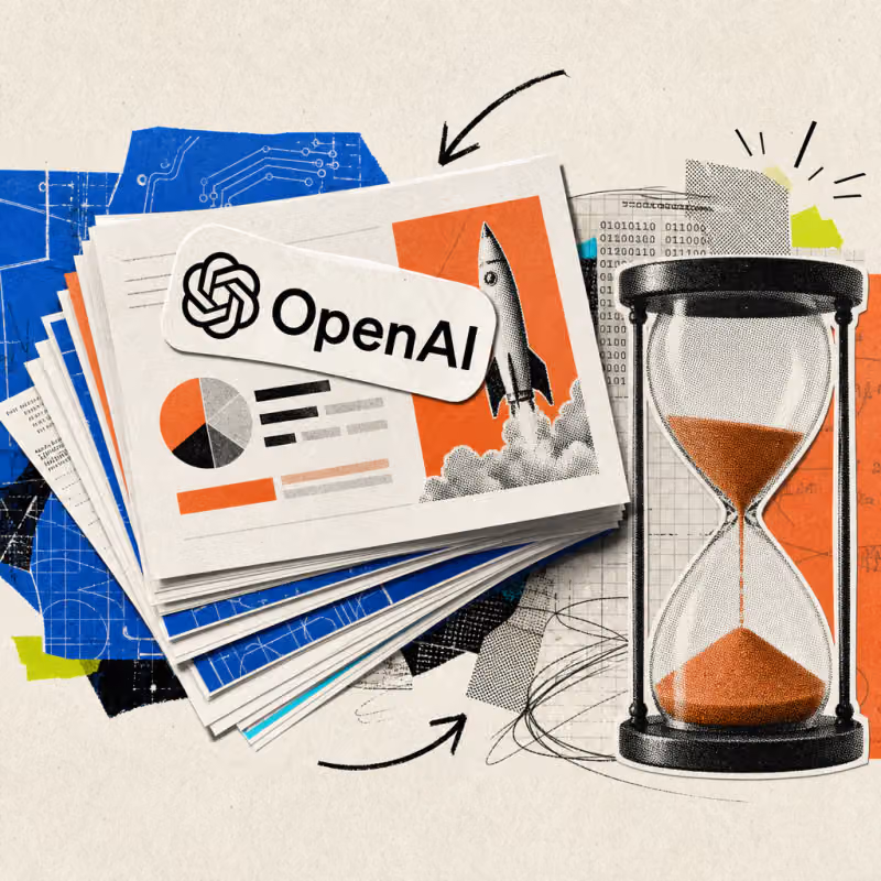 An OpenAI logo sticker sits on a fanned-out stack of presentation slides, next to a half-drained hourglass.
