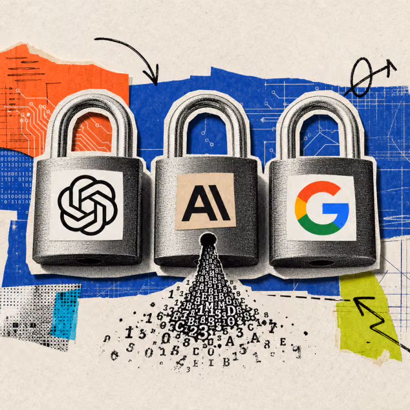 Three padlocks bearing the logos of OpenAI, Anthropic, and Google, with a chain of numbers and letters leaking out of the middle one like dripping ink.