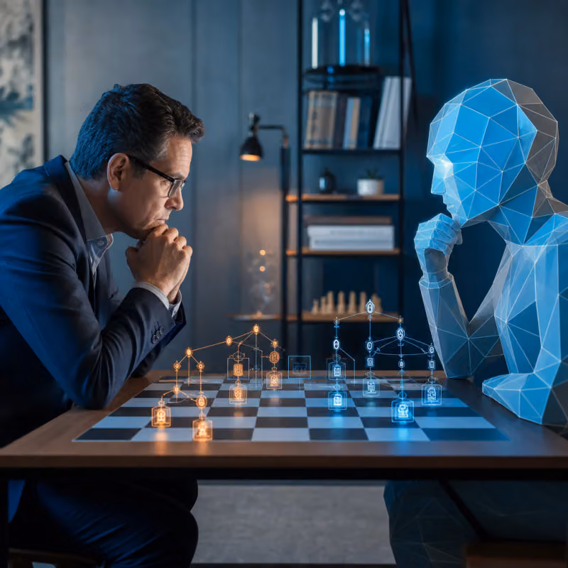 Abstract geometric illustration of a human and an AI avatar sitting across from each other at a chessboard-like table with glowing code symbols