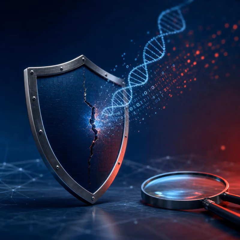 Abstract symbolic image of a digital shield with a crack, from which DNA helix lines and code fragments emerge, next to a magnifying glass