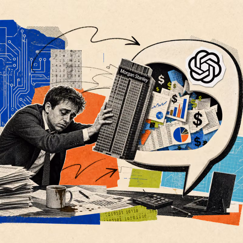 A banker pushes a skyscraper labeled Morgan Stanley into a chat bubble with the OpenAI logo, out of which spreadsheets and dollar signs spill.