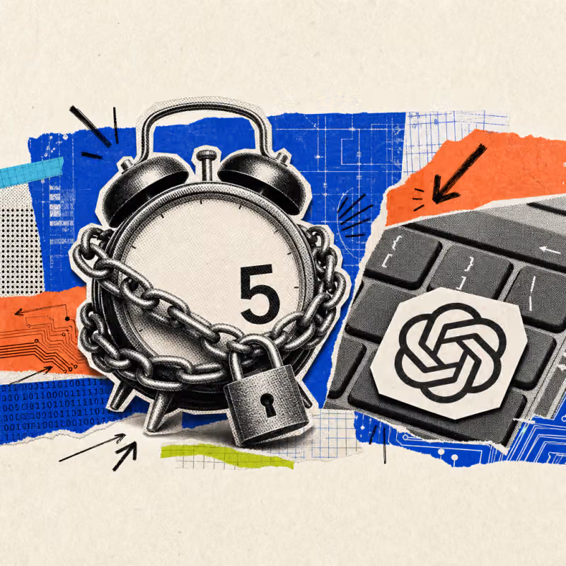A clock with the number five on the dial is wrapped by a chain with a padlock, next to an OpenAI logo sticker on a keyboard
