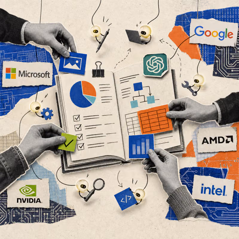 Several hands assemble a floating document with charts and a table, while small glowing dots nearby independently handle tasks at app icons; a ChatGPT logo sticker is attached to the edge of the document.