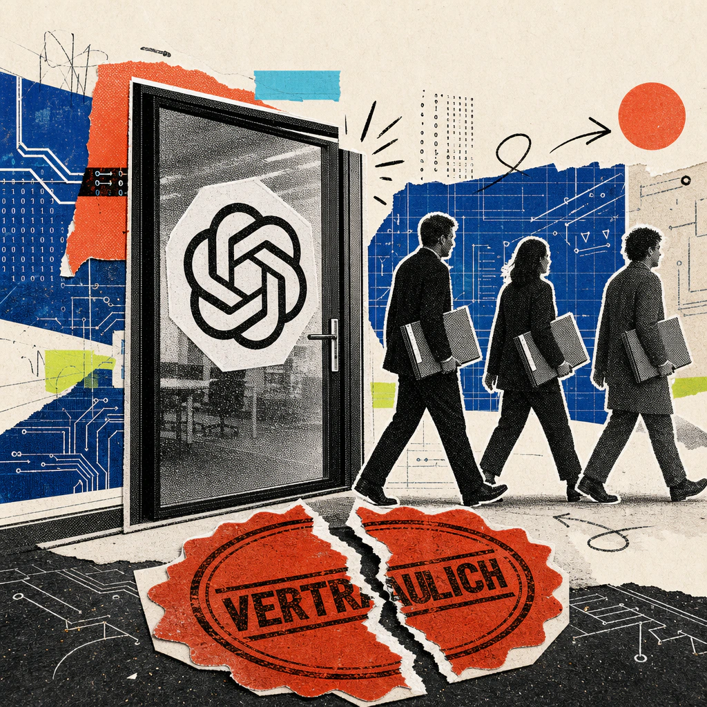 Three schematic silhouettes carrying file folders walk away from a building bearing the OpenAI logo; a torn red seal reading CONFIDENTIAL lies in the foreground.