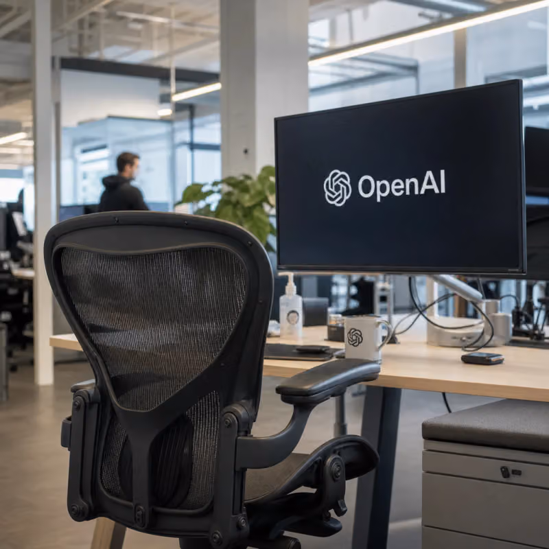 An empty office chair in front of a screen with the OpenAI logo symbolizes the leadership change following Fidji Simo's withdrawal from her full-time role.