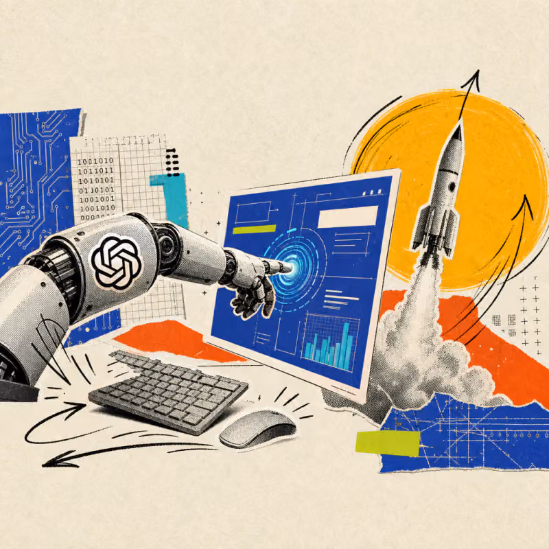 A robotic arm bearing an OpenAI logo sticker pushes aside a keyboard and mouse to operate a floating screen interface directly, while a hand-drawn yellow circle in the background turns into a launching rocket