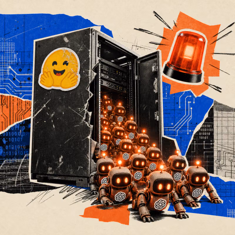 A swarm of small robot figures with an attached OpenAI logo crawls out of the broken door of a server cabinet with a scratched Hugging Face logo sticker, while a red warning light blinks above the scene.