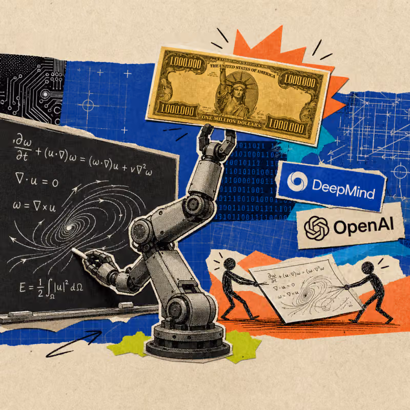 A robotic arm holds up an oversized one-million-dollar banknote like a trophy while writing fluid vortex formulas on a chalkboard, with two small stick figures pulling on a single sheet of paper bearing the same formulas in the background