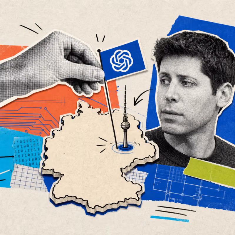 A hand places a flag with the OpenAI logo into an outline map of Germany at the Berlin TV tower, next to a portrait excerpt of Sam Altman.