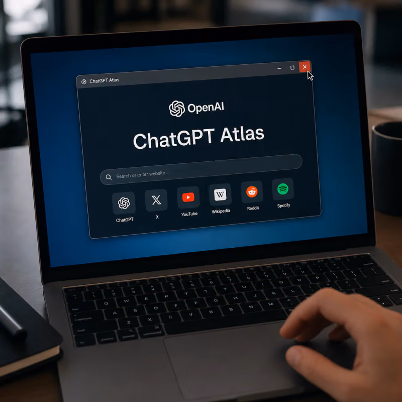 A hand on a laptop trackpad, on the screen the window of the ChatGPT browser Atlas with the OpenAI logo – the cursor moves toward the close button.