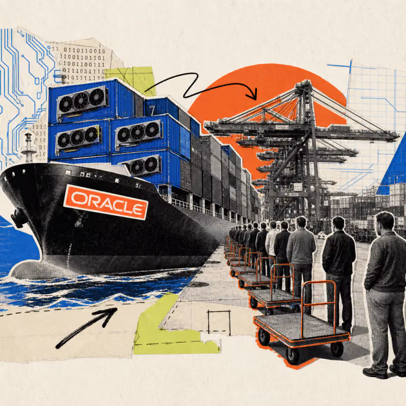 A cargo ship with Oracle logo stickers brings containers full of graphics processors to a crowded port, in front of which a line of corporate customers with empty transport carts is waiting.