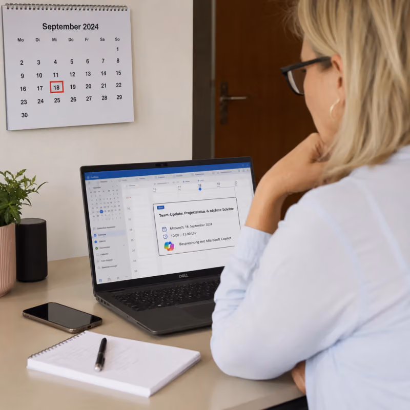 Office desk with a laptop showing an Outlook calendar appointment with a Microsoft Copilot icon, next to a wall calendar with a September date marked in red.