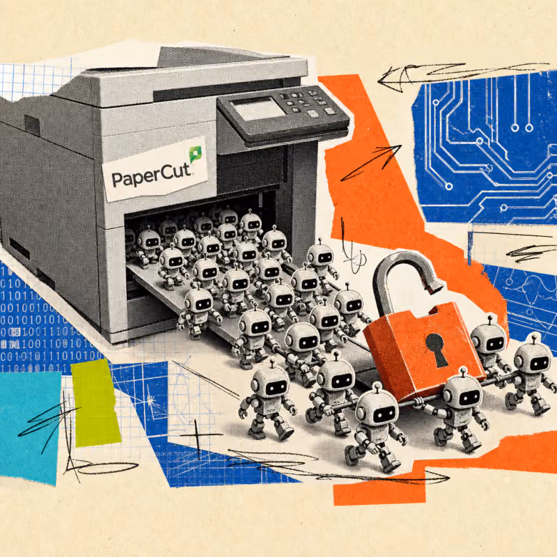 An office printer with the PaperCut logo, from which tiny robot agents crawl out of the paper output and collectively carry away a broken padlock.