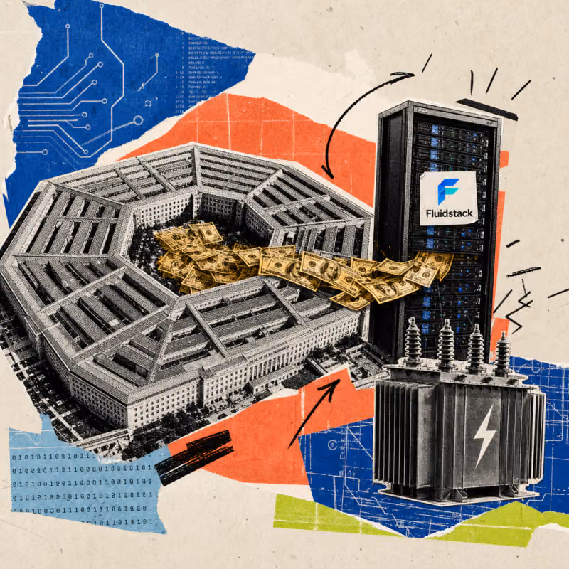 The Pentagon building seen from above, with a stream of banknotes flowing into a server rack bearing a Fluidstack logo, next to a high-voltage transformer