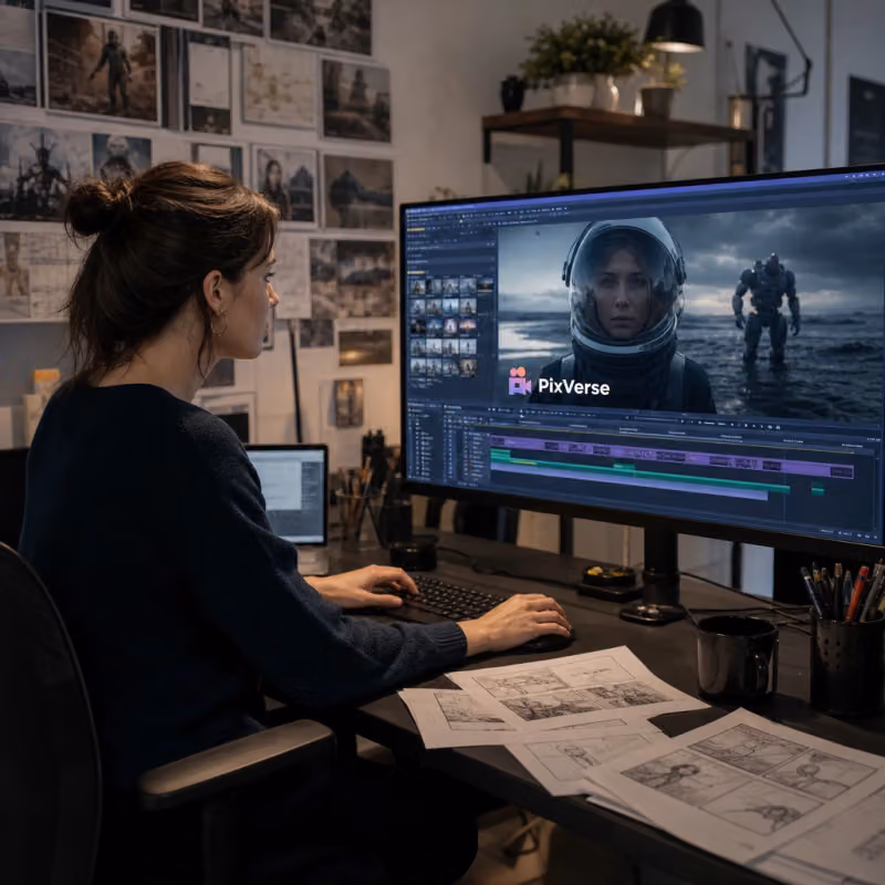 Video producer editing an AI-generated video with a timeline on a large monitor, PixVerse logo visible.