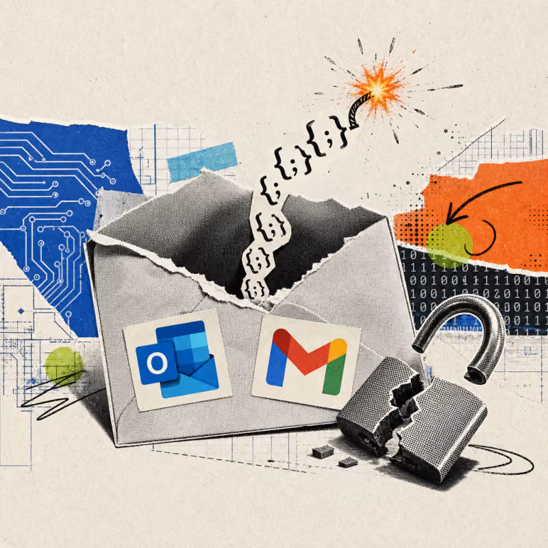 A torn-open envelope with a burning fuse made of CSS characters, next to a broken padlock and logo stickers of Outlook and Gmail