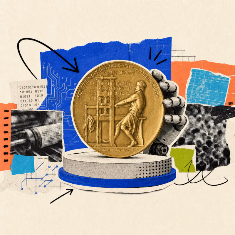 A Pulitzer Prize medal stands on a pedestal, with a robotic hand supporting it from behind