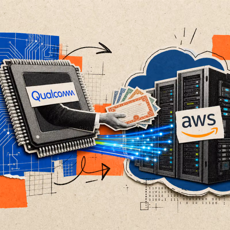 A computer chip with a Qualcomm logo hands stock certificates to a cloud of server racks bearing an AWS logo, connected by glowing data cables.