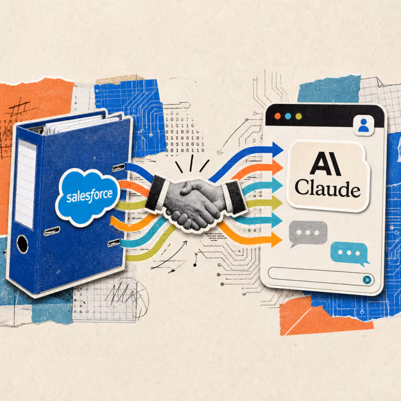 Data arrows flow from a file folder with the Salesforce logo into a chat window with the Anthropic Claude lettering, with a handshake symbol between both brands.