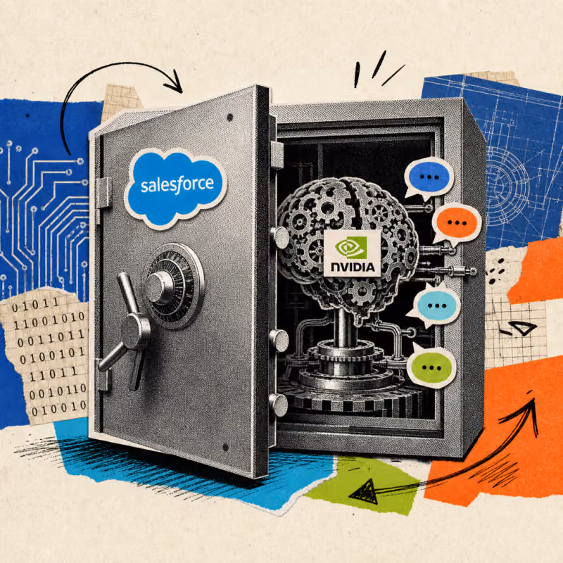 A safe with the Salesforce logo stands slightly ajar; inside, a gear-shaped brain bearing the Nvidia logo processes several speech-bubble icons.