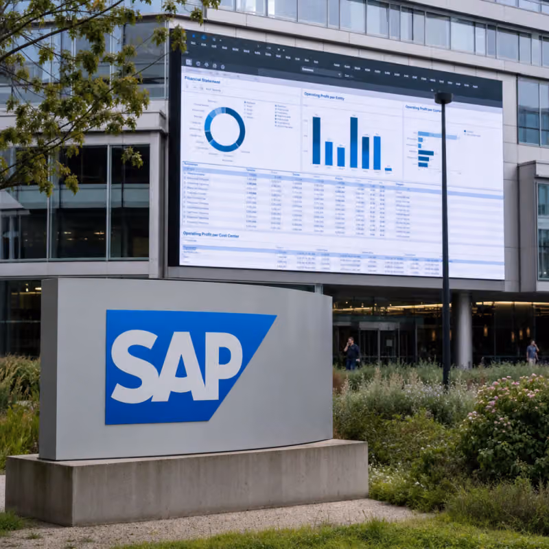 Digital display board at SAP's corporate headquarters in Walldorf shows spreadsheets and data visualizations in front of the SAP logo