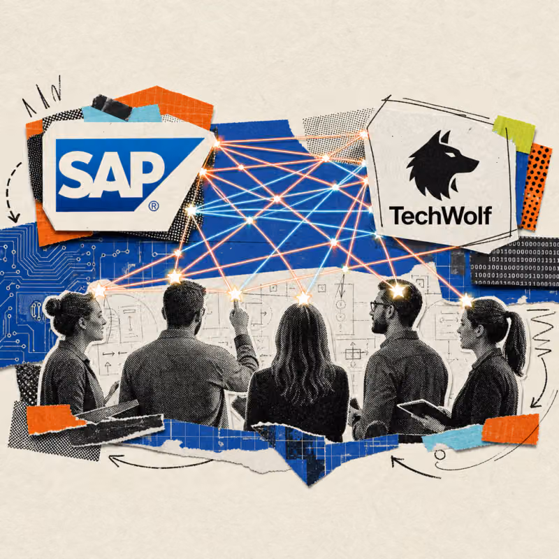 The SAP logo and a wolf symbol with the TechWolf lettering are connected by a web of glowing threads that stretches over office figures.