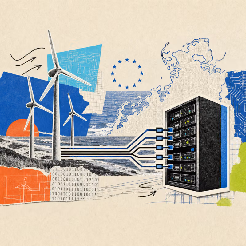 Wind turbines feed a server cabinet on the Baltic coast, with a circle of stars on the horizon behind it