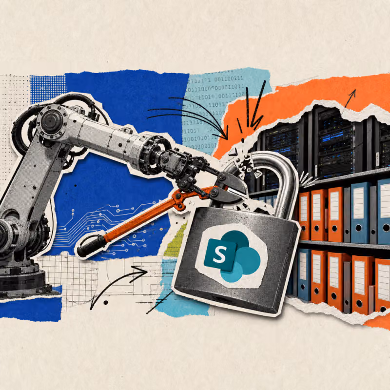 A robotic arm cracks a padlock bearing a SharePoint logo sticker, with server racks and file folders visible behind it.