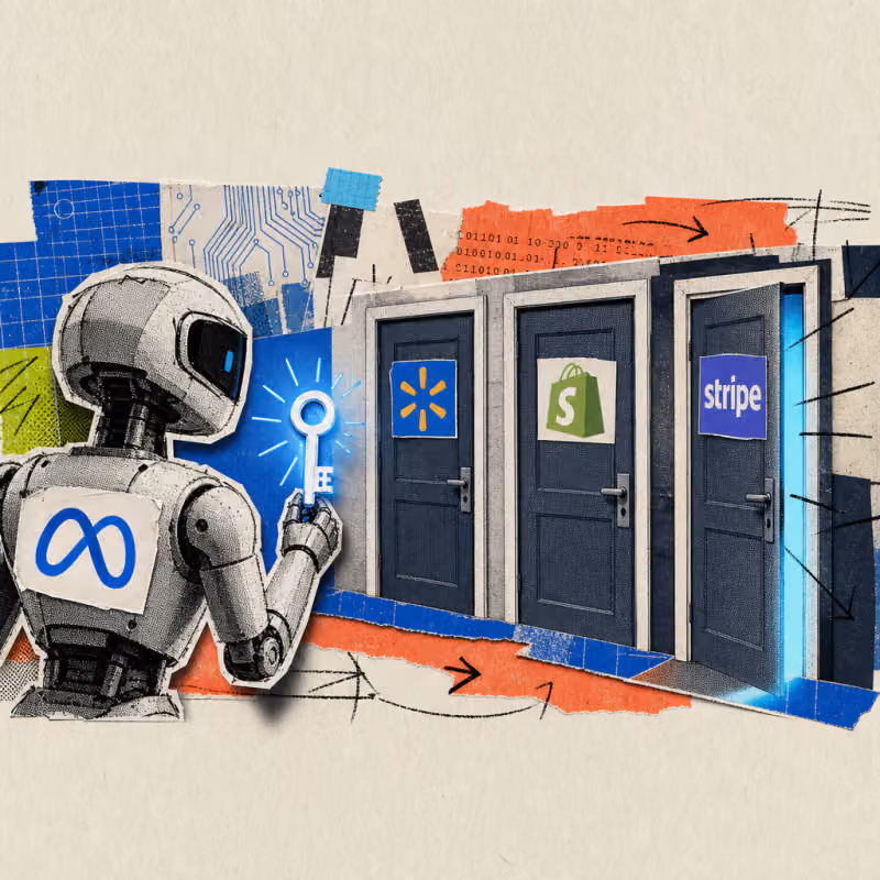 A robot with a Meta logo sticker holds up a glowing key in front of several shop doors bearing the logos of Walmart, Shopify and Stripe.