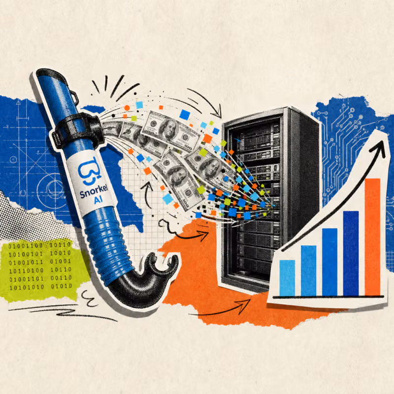 A snorkel tube with a Snorkel AI logo sticker pumps dollar bills and data points into a server rack, next to it a bar chart shows a steep upward jump.